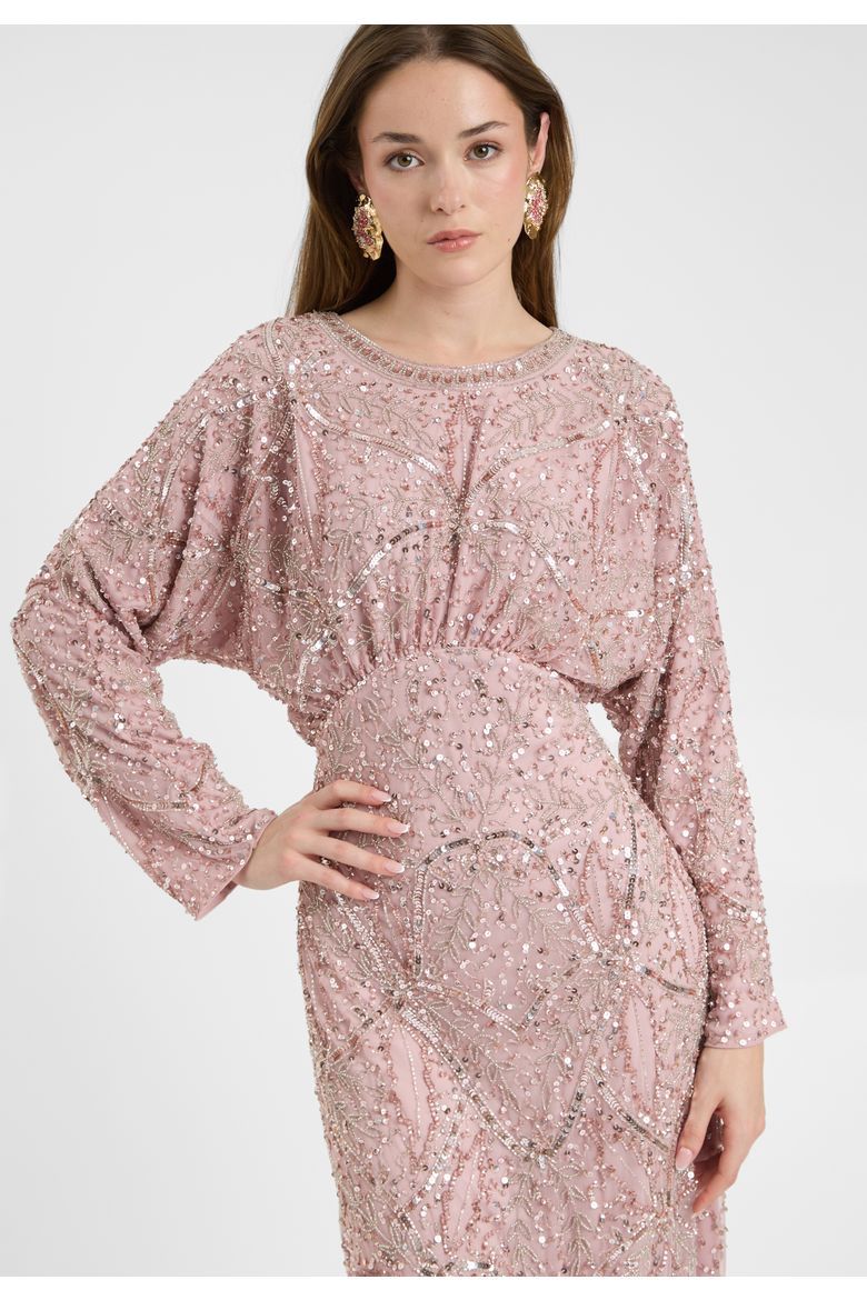 Modest Embellished Sequin Beaded Dress Maxi With long Flowey Sleeves, Alternate, color, FROSTED PINK