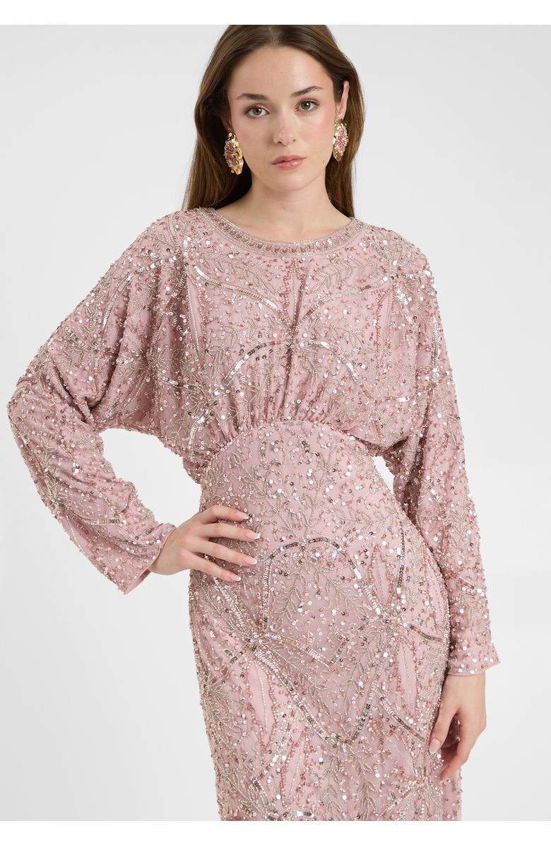 MARYISA Modest Embellished Sequin Beaded Dress Maxi With long Flowey Sleeves, Alternate, color, Frosted Pink