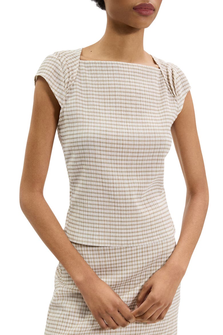 Gingham Crinkle Cap Sleeve Top, Alternate, color, TAUPE MULTI
