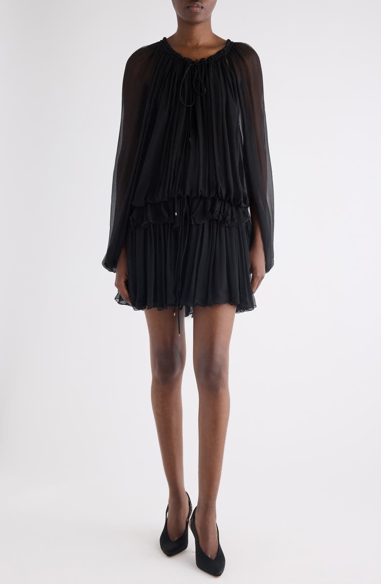 Chloé Long Sleeve Organic Silk Muslin Cape Minidress, Main, color, Black