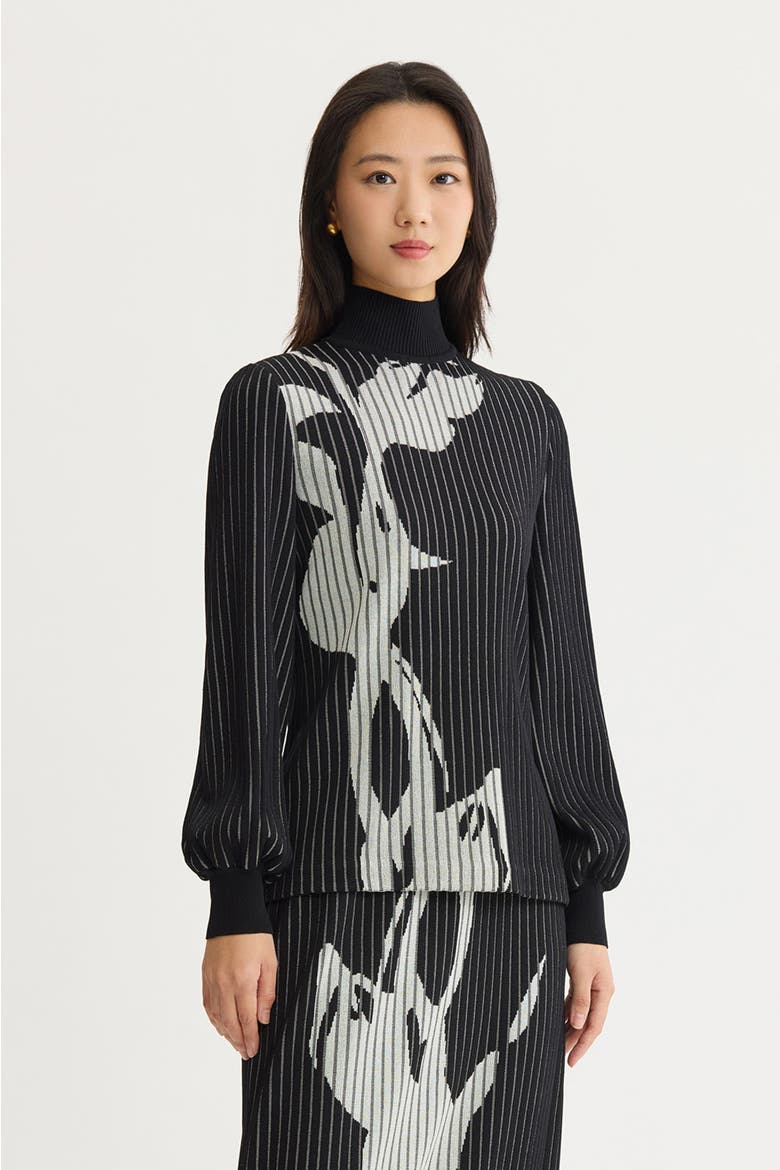 Mock Neck Floral Soft Ribbed Knit Top, Alternate, color, Black/Ivory