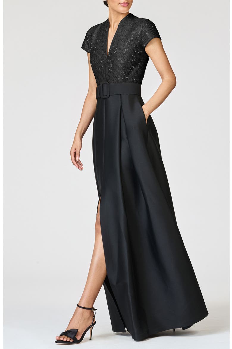 Arden Mixed Media Belted Gown, Alternate, color, BLACK