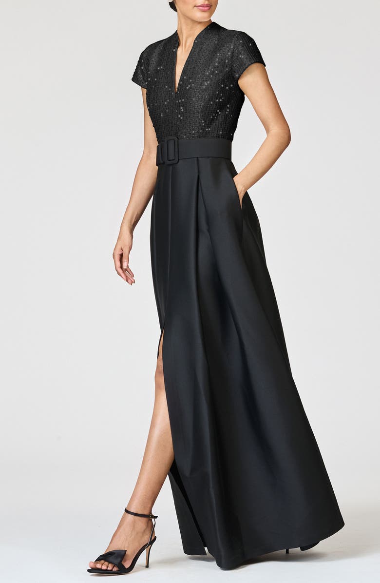 Sachin & Babi Arden Mixed Media Belted Gown, Alternate, color, Black