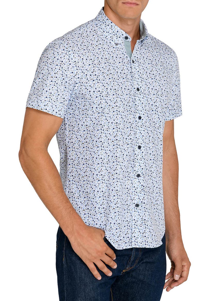 Tulip Floral Short Sleeve Stretch Button-Up Shirt, Alternate, color, WHITE/ BLUE