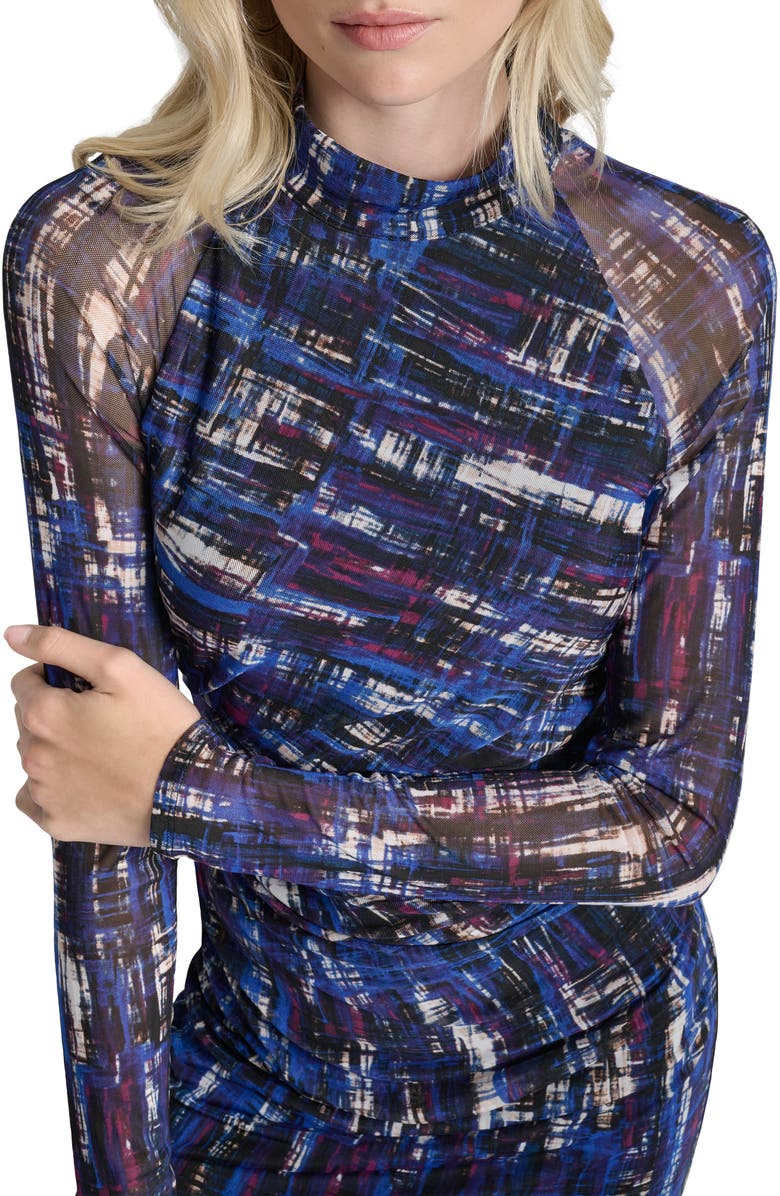 DKNY Long Sleeve Ruched Mesh Body-Con Dress, Alternate, color, Classc Blu