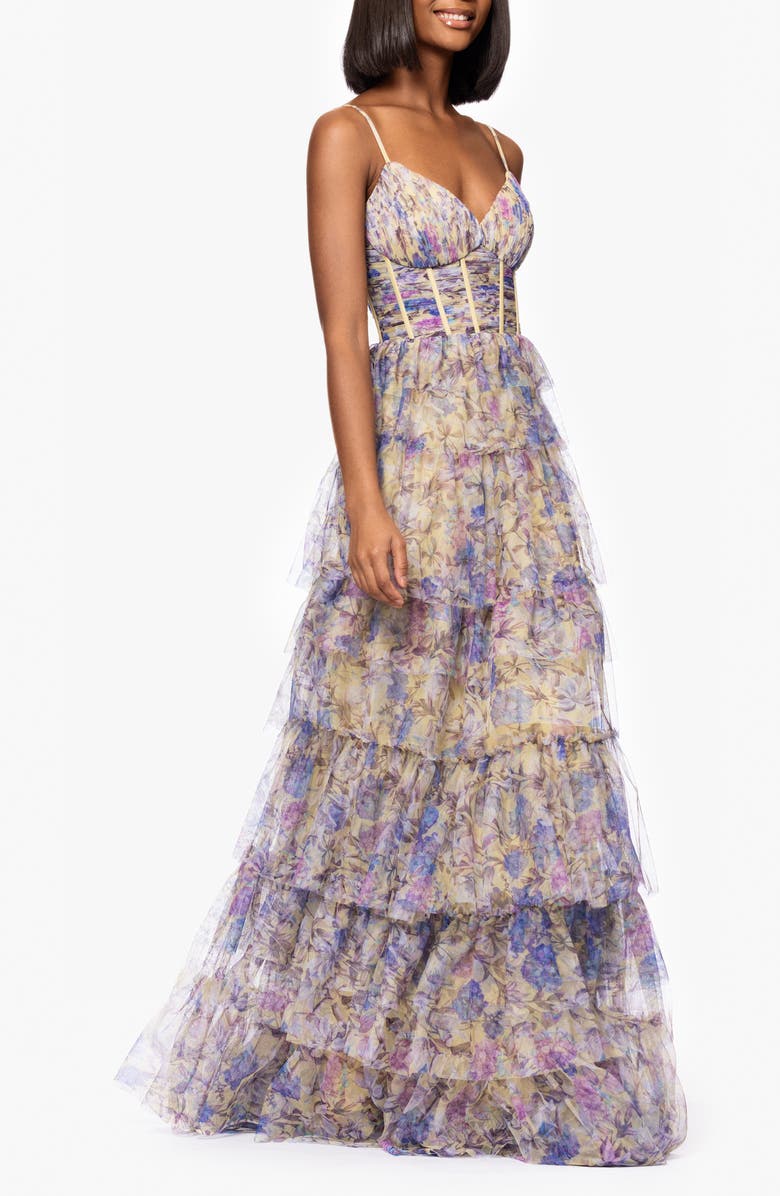 Blondie Nites Floral Print Tiered Ruffle Gown, Alternate, color, Yellow Multi
