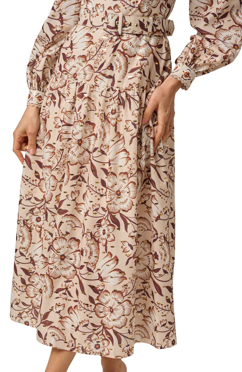 Adrianna Papell Floral Metallic Fleck Off the Shoulder Belted Cotton Dress, Alternate, color, Ecru/ Chocolate
