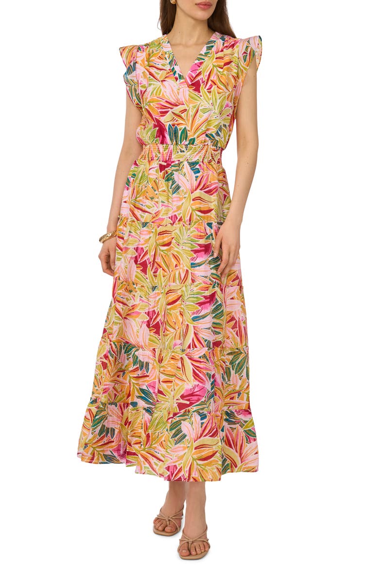 Ruffle Cap Sleeve Tiered Maxi Dress, Main, color, LUCENT WHITE/PINK ORANGE MULTI