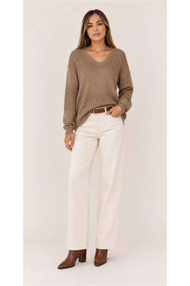 Pointelle Knit V-Neck Sweater, Alternate, color, Coffee Brown