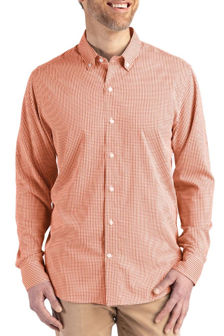 Skyline Check Performance Stretch Button-Down Shirt, Main, color, TEXAS ORANGE/ WHITE