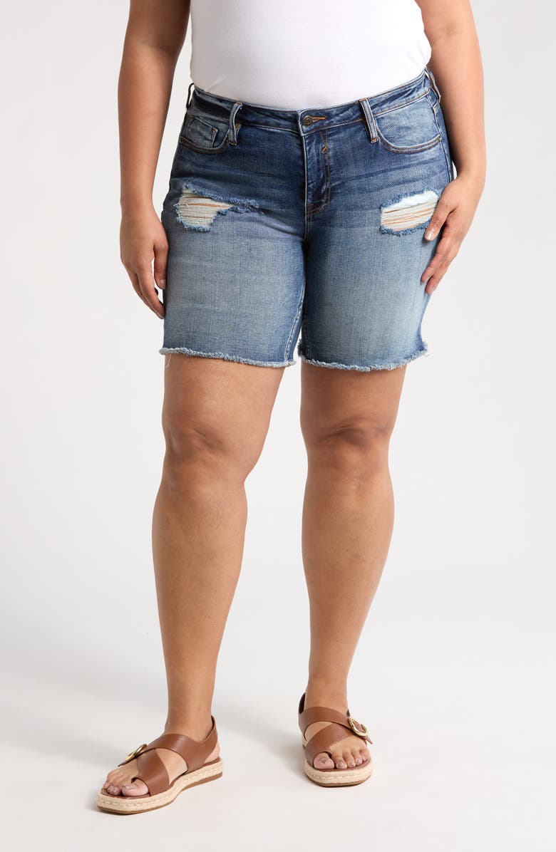 Vigoss Marley Frayed Ripped Mid Thigh Denim Shorts, Main, color, Med Wash