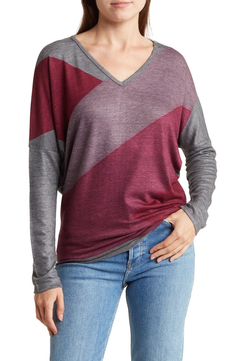 V-Neck Asymmetric Long Sleeve T-Shirt, Main, color, GREY/PURPLE