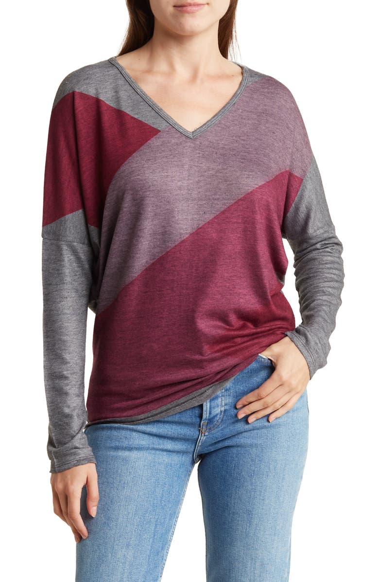 GO COUTURE V-Neck Asymmetric Long Sleeve T-Shirt, Main, color, Grey/Purple