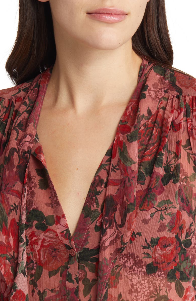 PAIGE Elynne Ruffle Floral Silk Button-Up Blouse, Alternate, color, Burgundy Dust Multi