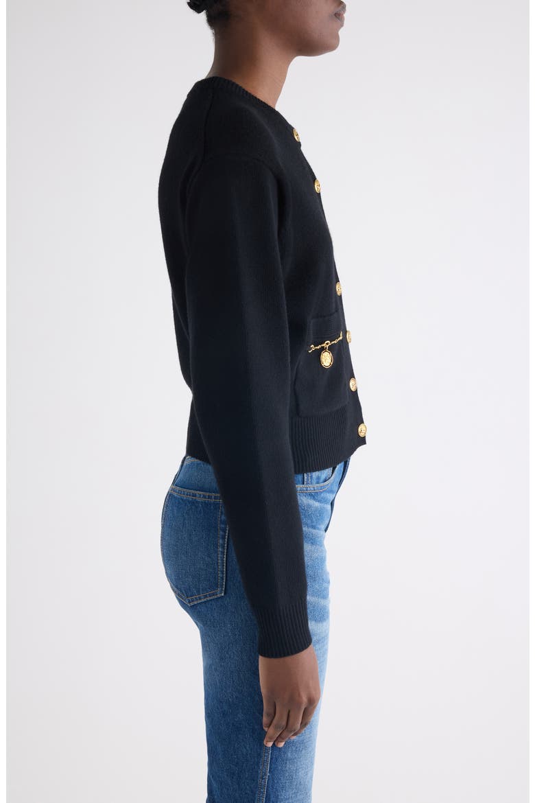 Horse Capsule Medal Button Merino Wool & Cashmere Cardigan, Alternate, color, BLACK