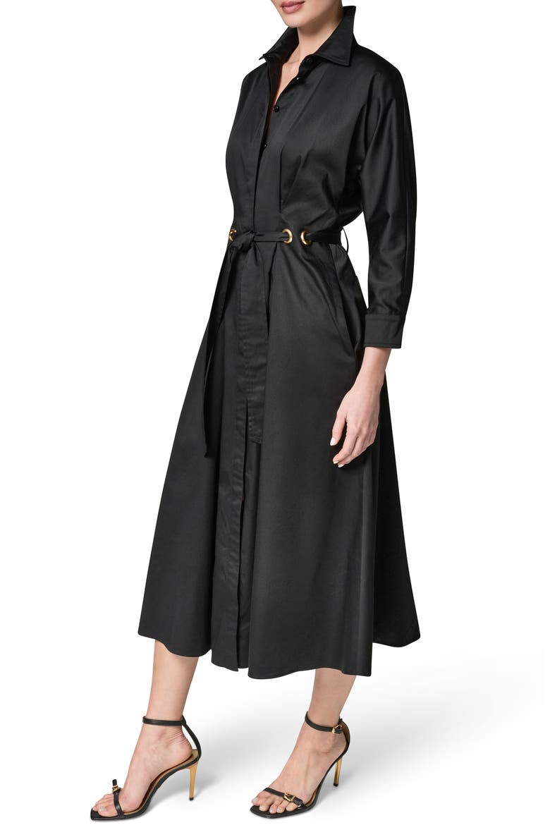 Drawstring Waist Stretch Cotton Midi Shirtdress, Alternate, color, BLACK