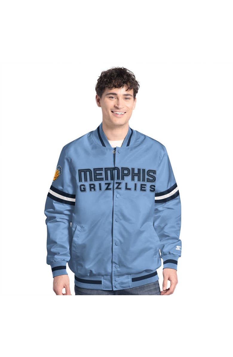 STARTER Men's Starter Light Blue/Navy Memphis Grizzlies Scout Full Snap Varsity Jacket, Main, color, Light Blue