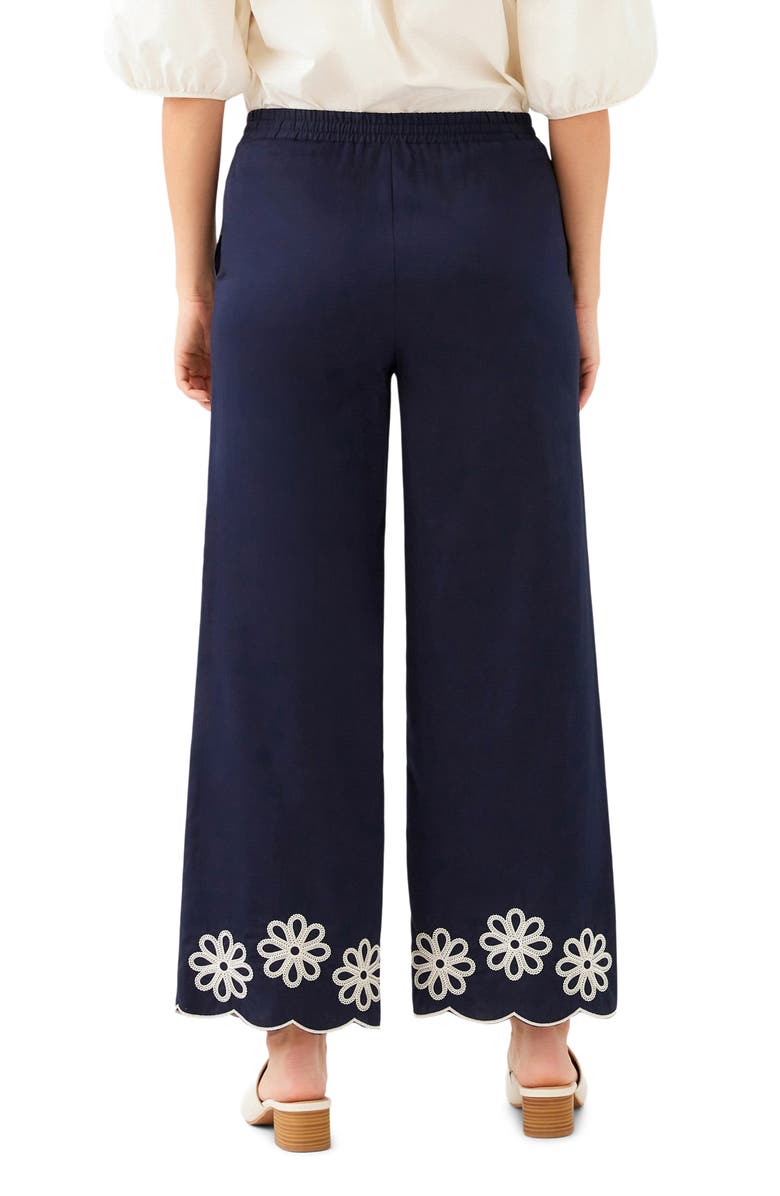 Karen Kane Embroidered Scallop Drawstring Cotton Pants, Alternate, color, Navy