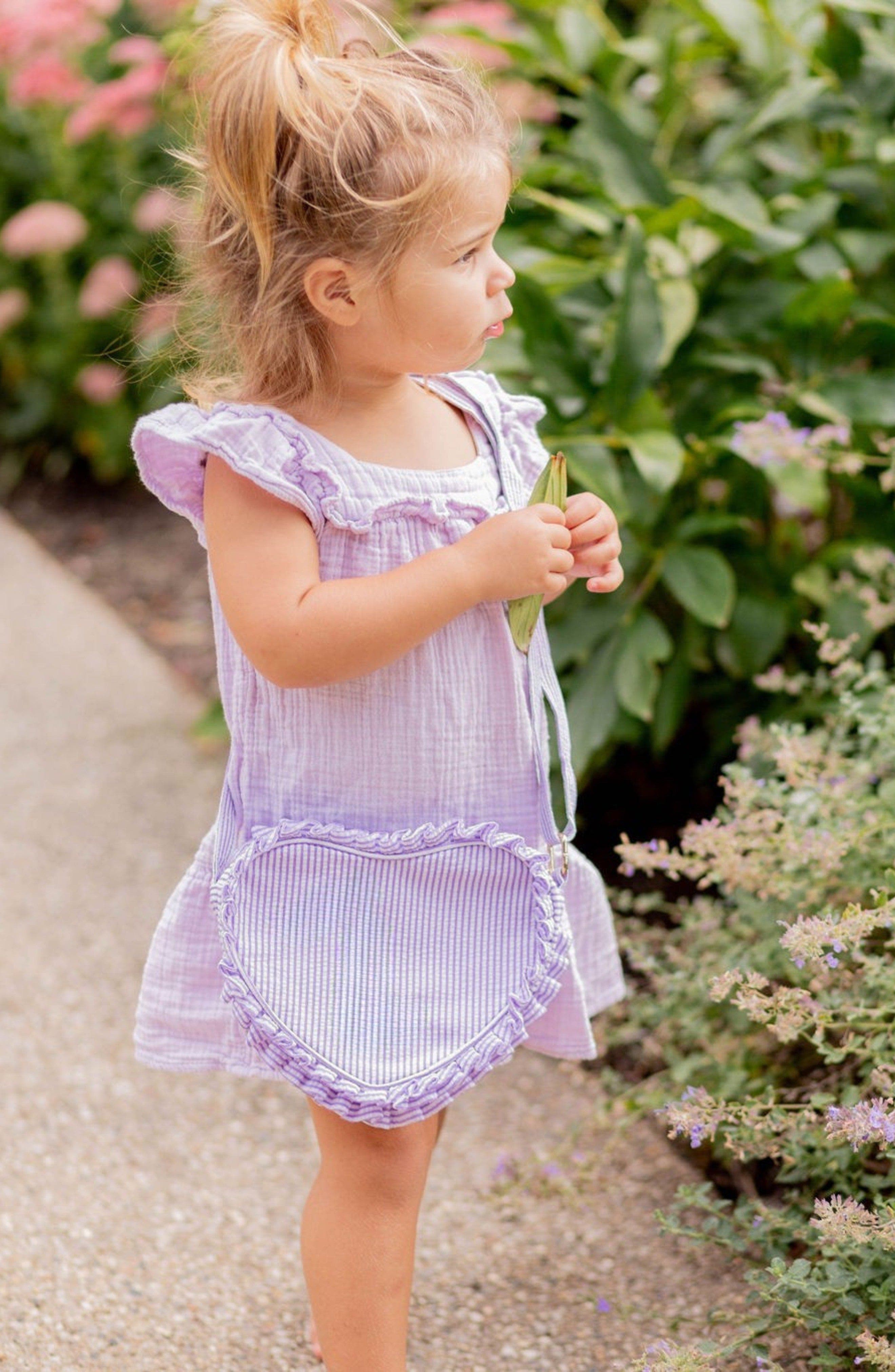Bits & Bows Seersucker Ruffle Girls' Heart Purse, Alternate, color, Lavender/White