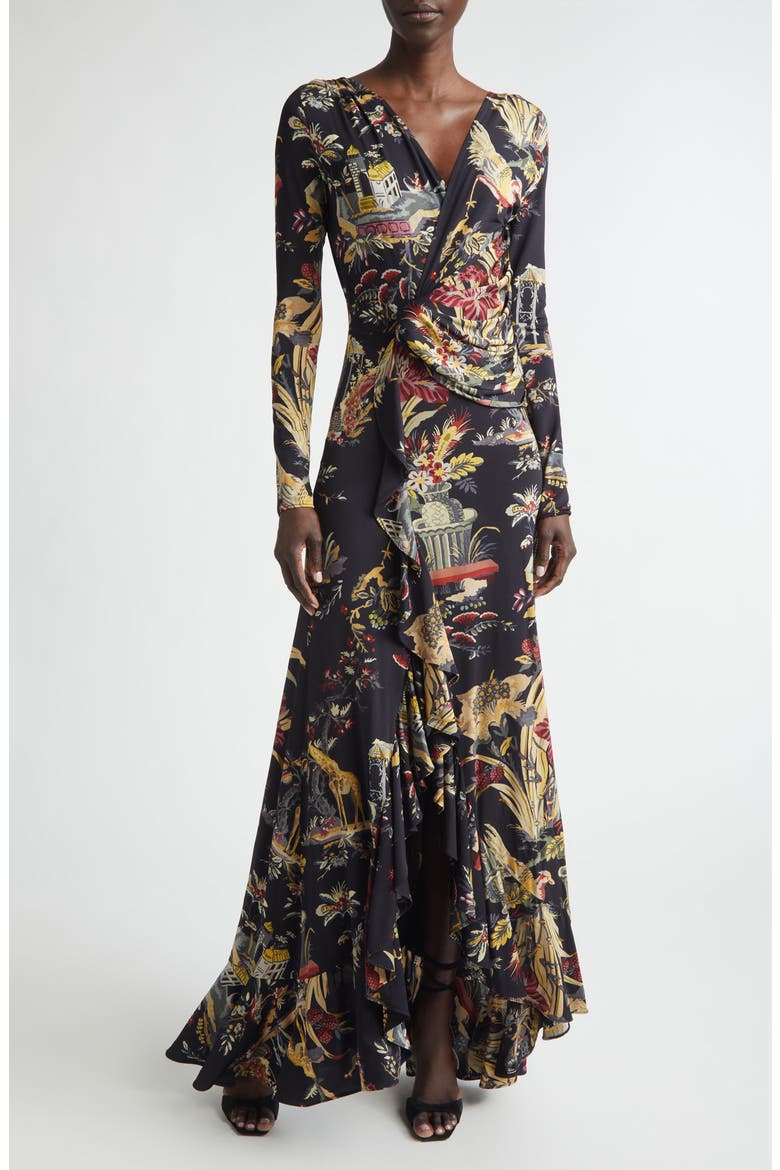 Placed Print Long Sleeve Jersey Maxi Wrap Dress, Main, color, BLACK