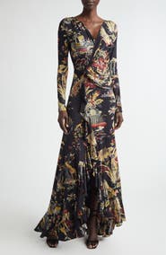 Etro Placed Print Long Sleeve Jersey Maxi Wrap Dress