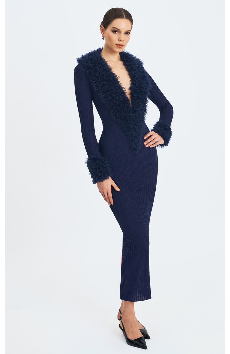 Miss Circle Romina Plunging Fur Trimmed Crochet Maxi Dress, Alternate, color, Navy