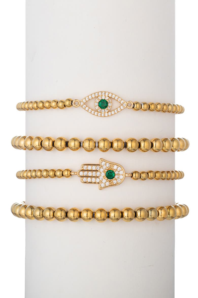 Set of 4 Heena Evil Eye Hamsa Stretch Bracelets, Main, color, GOLD