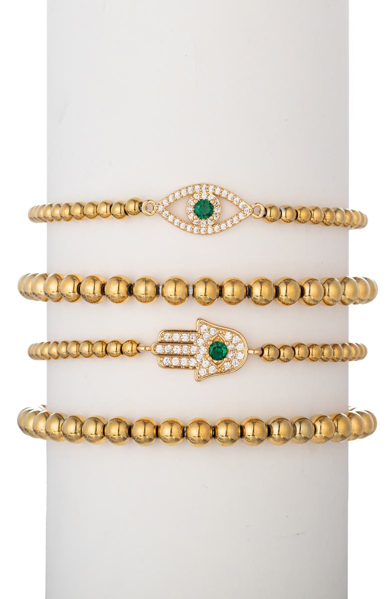 EYE CANDY LOS ANGELES Set of 4 Heena Evil Eye Hamsa Stretch Bracelets, Main, color, Gold