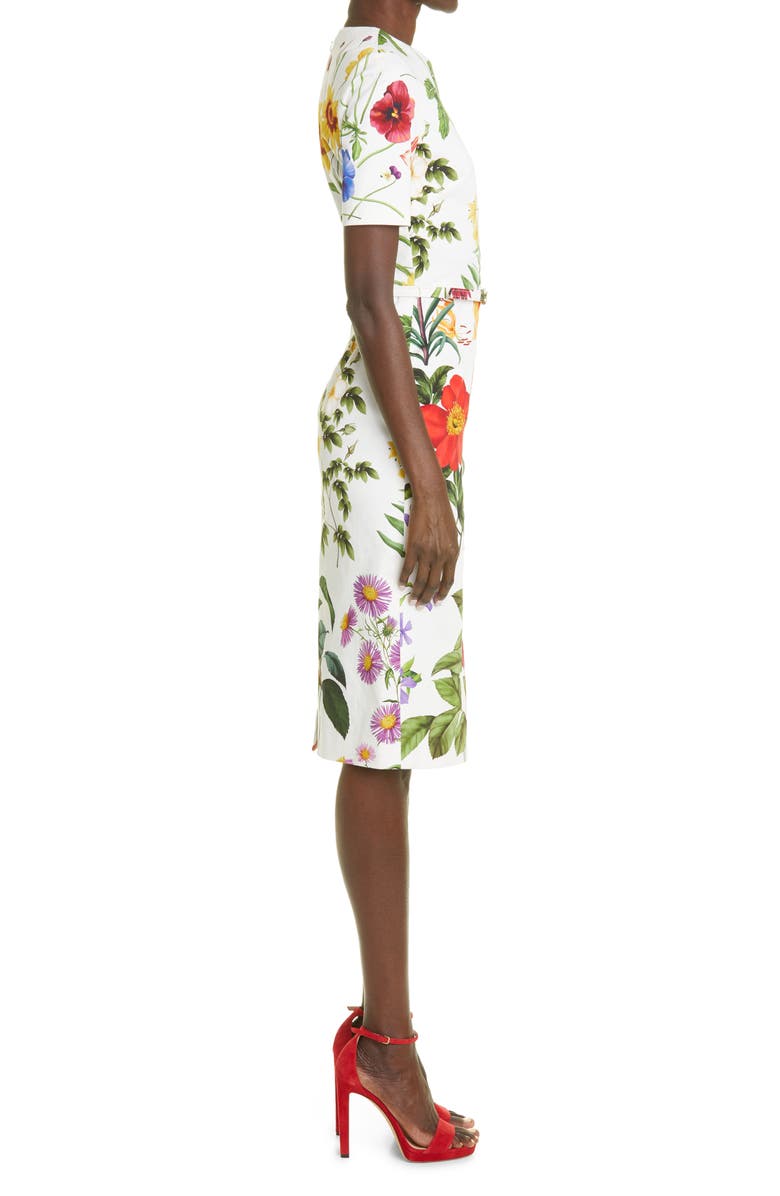 Oscar de la Renta Floral Belted Stretch Cotton Twill Dress, Alternate, color, 
