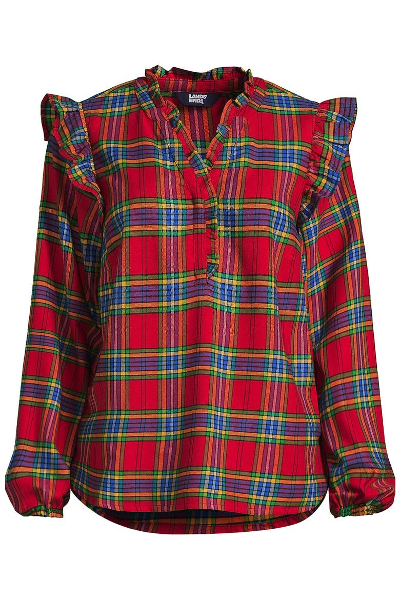 Ruffle Front Flannel Popover Blouse, Alternate, color, Red/Nautical Blue Plaid