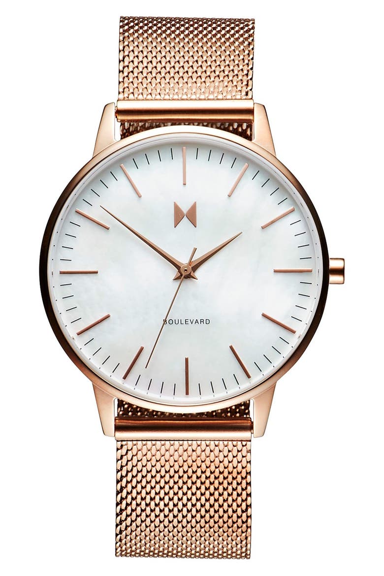 MVMT Boulevard Mesh Strap Watch, 38mm, Main, color, ROSE GOLD/ WHITE