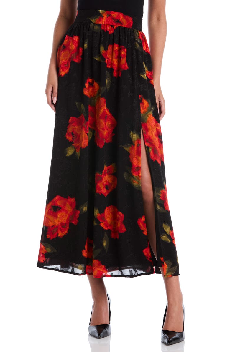 Laundry by Shelli Segal Rose Print Thigh Slit Maxi Skirt, Main, color, Flame Scarlet