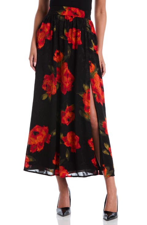 Rose Print Thigh Slit Maxi Skirt