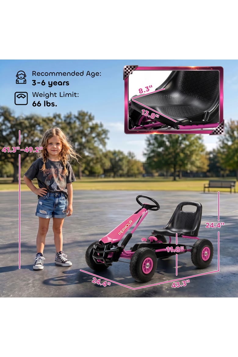 Kids 4-Wheel Pedal Go Kart, Adjustable Seat, EVA Wheels, Brake, Pink, Alternate, color, Pink