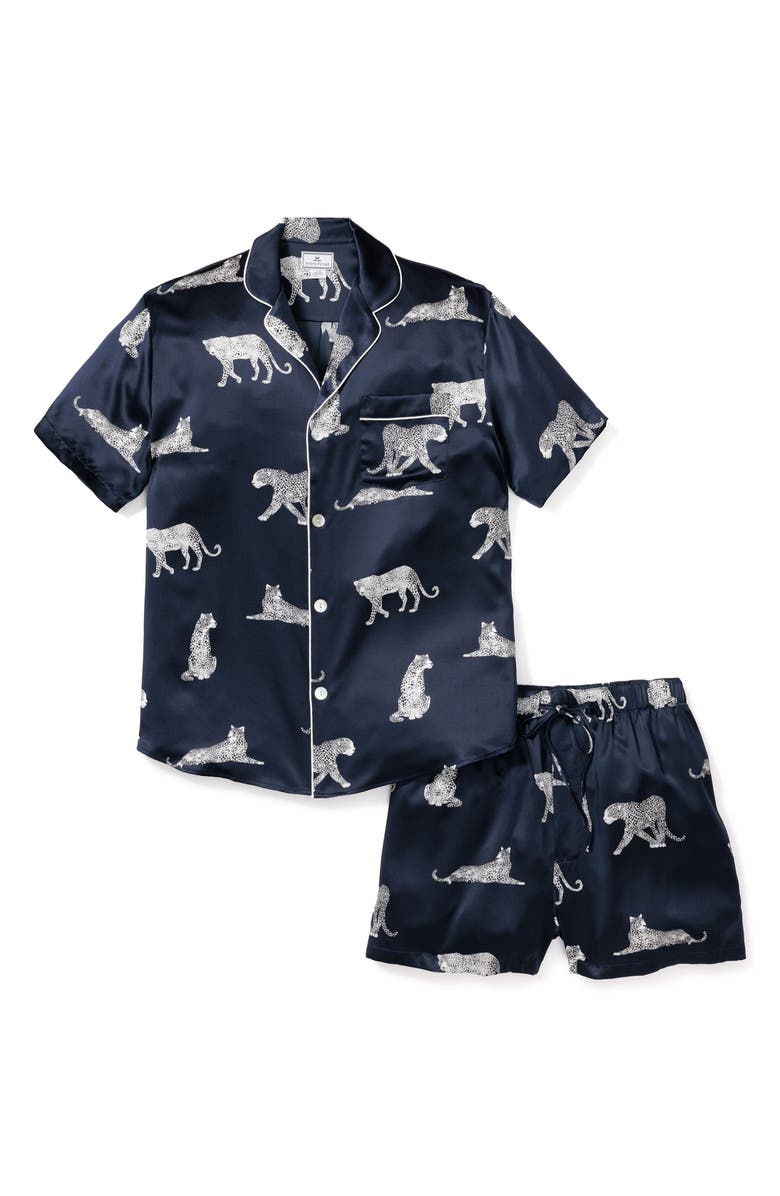 Petite Plume Panther Print Silk Short Pajamas, Alternate, color, Navy