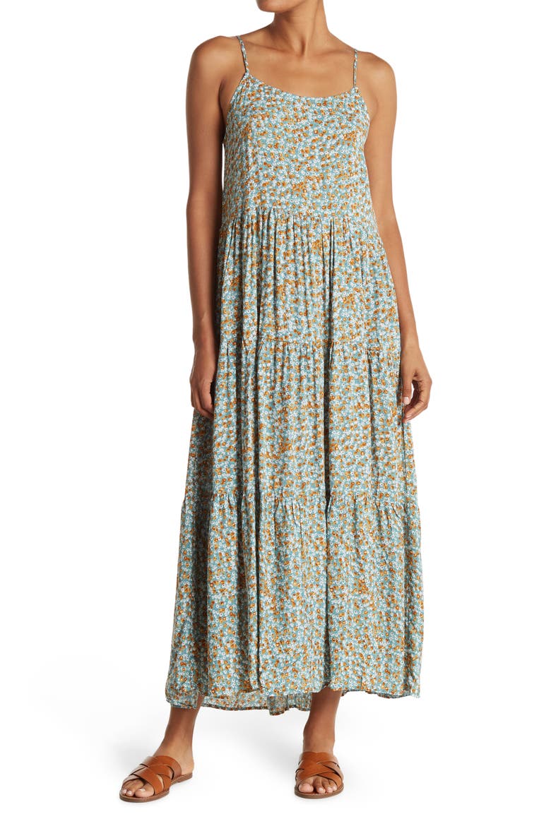 KNOWONECARES Spaghetti Strap Tie Back Tiered Maxi Dress, Main, color, SAGE