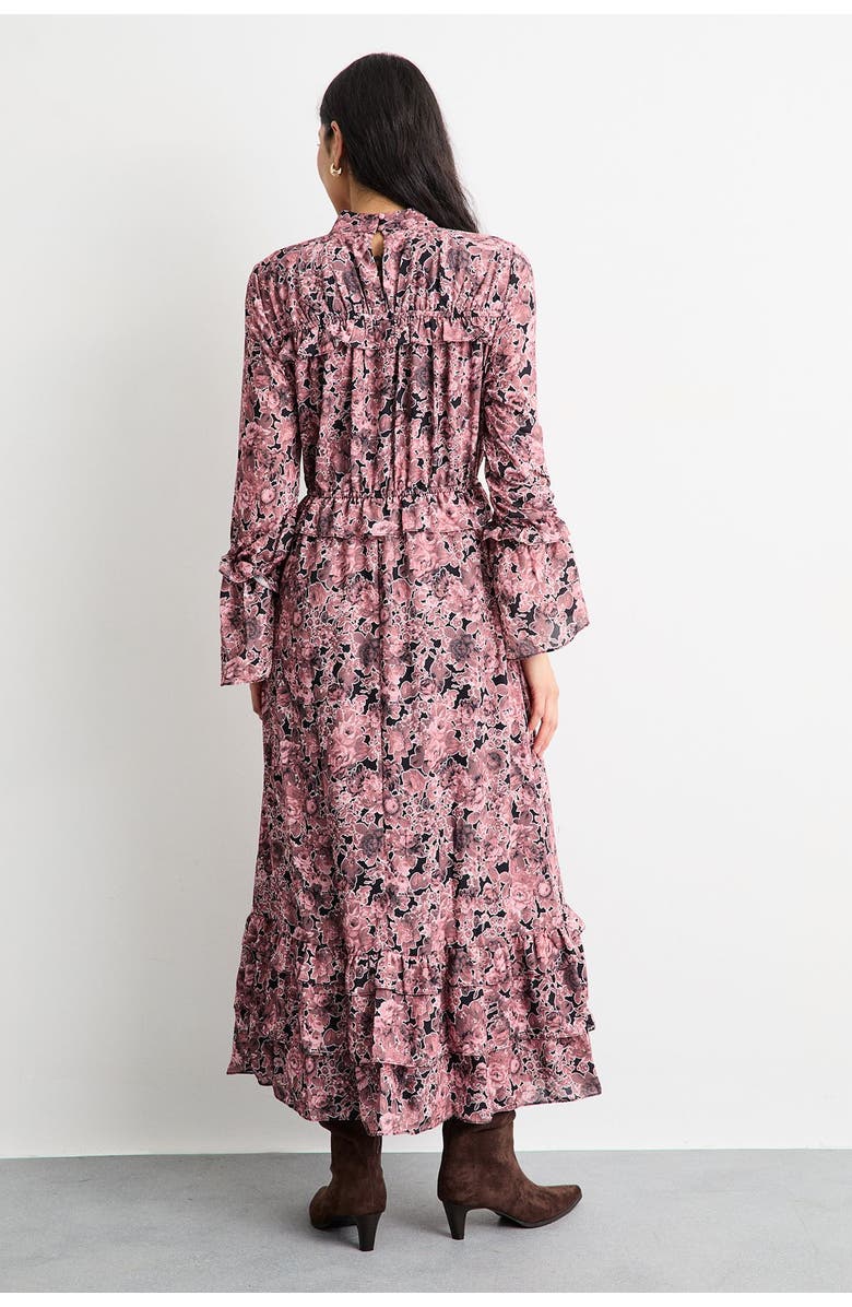 Warehouse Chiffon Shirred High Neck Midi Dress, Alternate, color, Chocolate