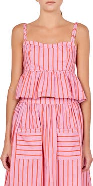 English Factory Stripe Ruffle Hem Cotton Top