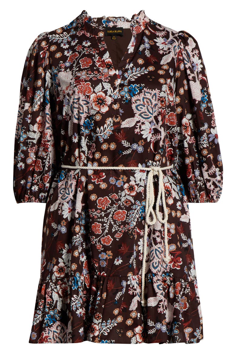 Journee Floral Jazlyn Tie Waist Dress, Alternate, color, BROWN