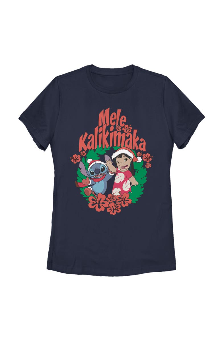 Lilo & Stitch Women's Lilo & Stitch Mele Kalikimaka Christmas  Graphic T-Shirt, Main, color, Navy Blue