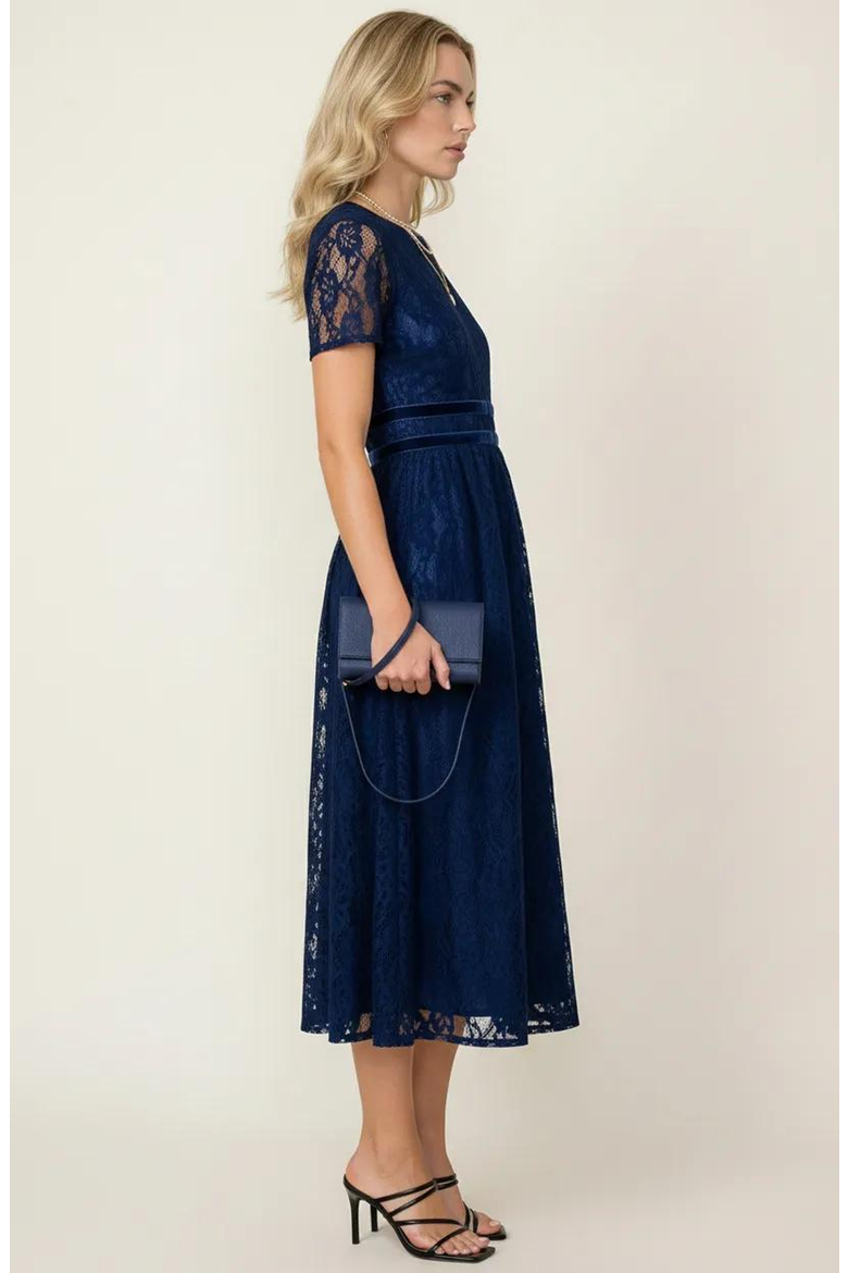 Lace Midi Dress with Sheer Short Sleeves and Velvet Waistband Detail, Alternate, color, Navy