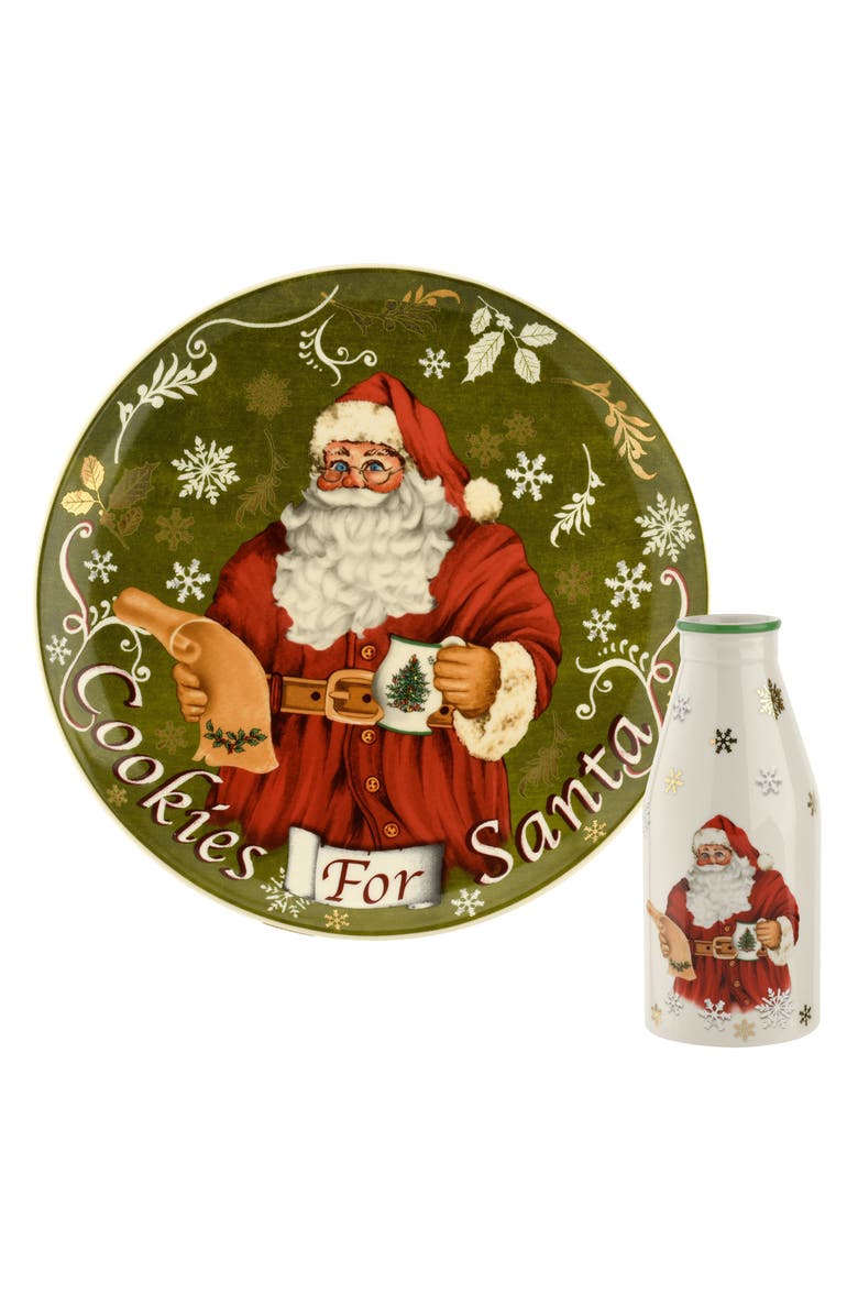 Spode Christmas Tree Plate & Milk Bottle Set, Main, color, Green