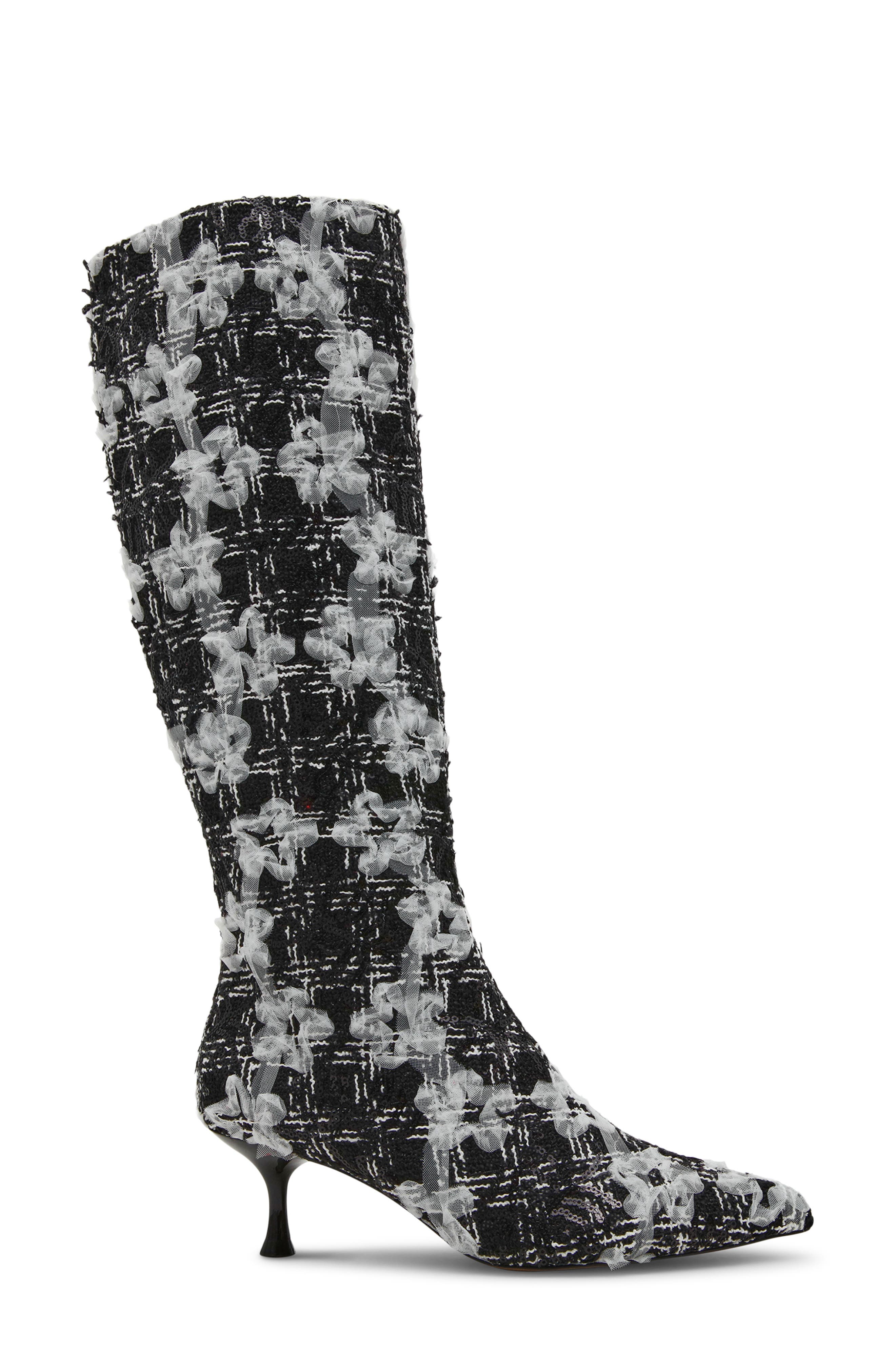 Betsey Johnson Maxxine Knee High Boot, Alternate, color, Black/ White Multi