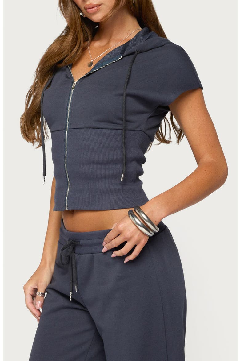 Paeva Short Sleeve Full Zip Hooded Top, Alternate, color, NAVY