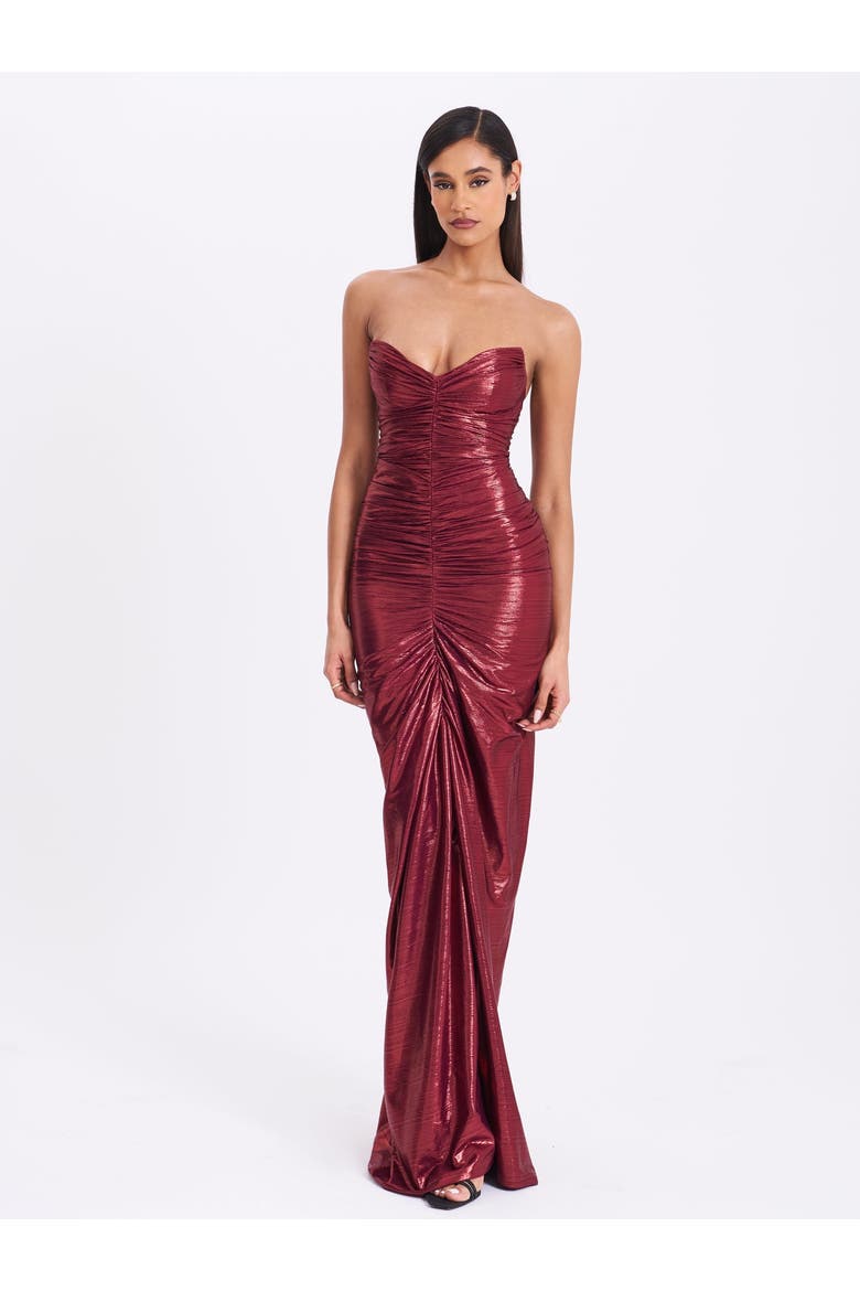 Sabble Long Mermaid Ruched Glitter Evening Gown, Alternate, color, Burgundy