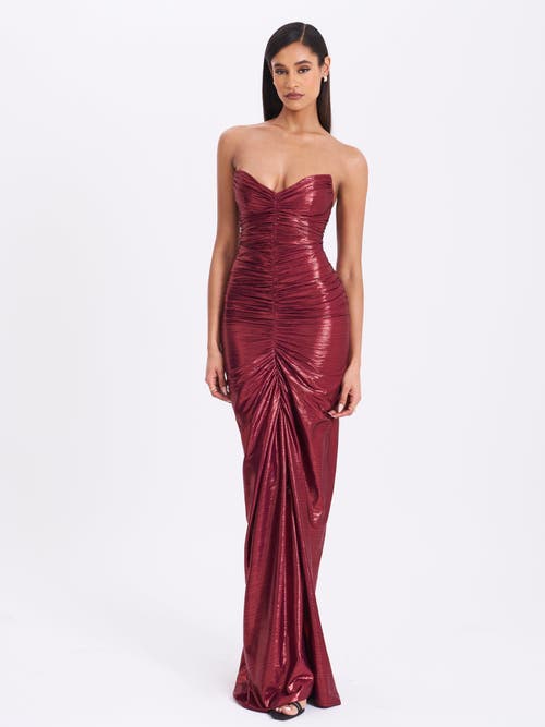 Miss Circle Sabble Long Mermaid Ruched Glitter Evening Gown In Burgundy