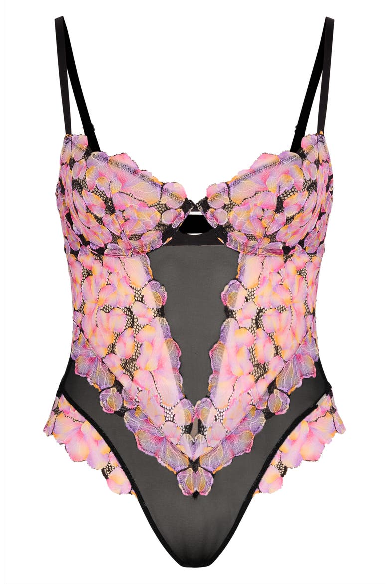 Sun Tide Floral Lace Underwire Teddy, Alternate, color, BLACK CAVIAR