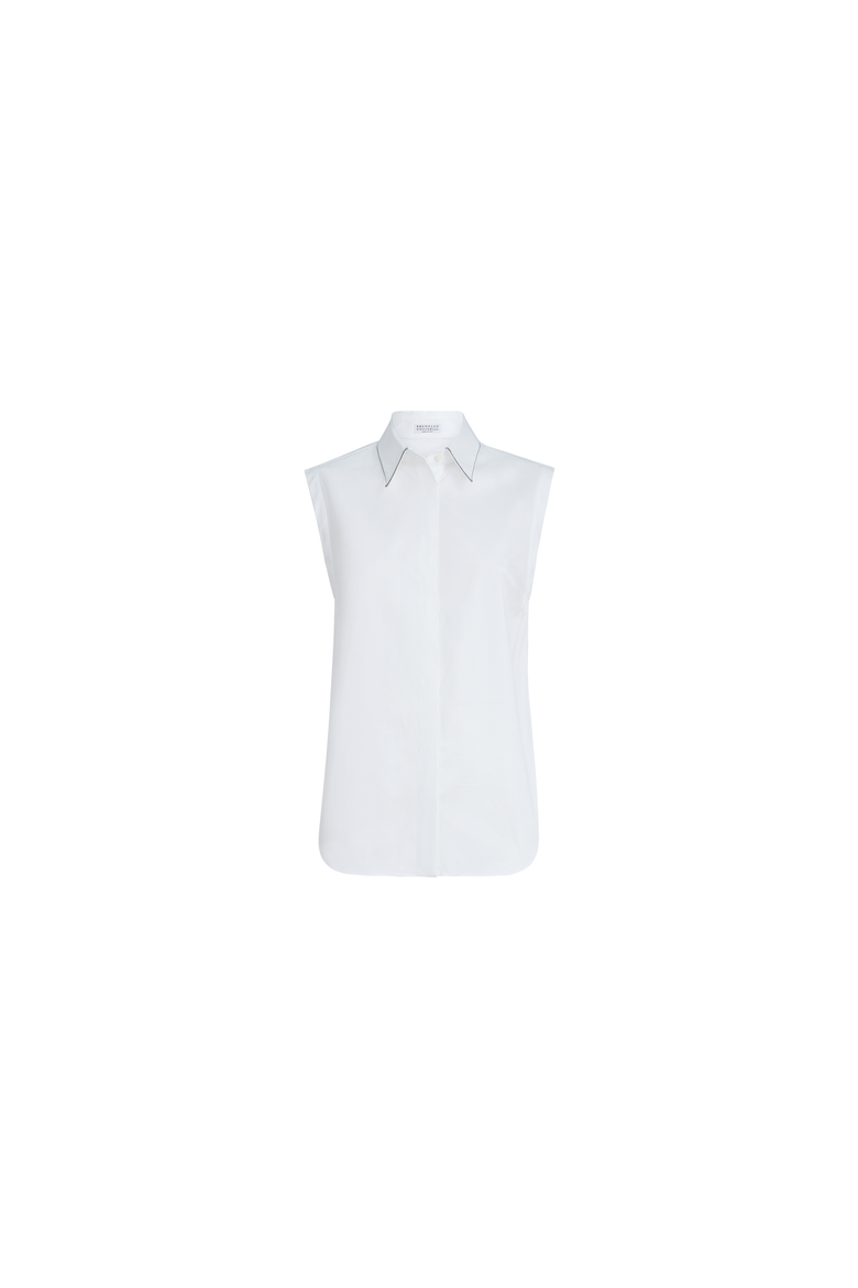 Stretch cotton poplin sleeveless shirt with shiny trim, Alternate, color, White
