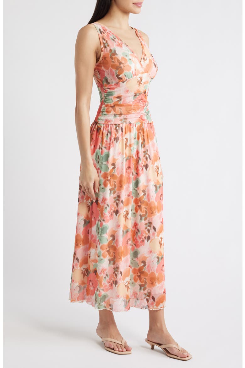 Floral Ruched Mesh Maxi Dress, Alternate, color, BLUSH