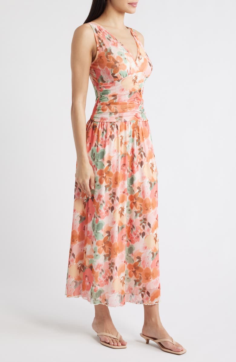 Loveappella Floral Ruched Mesh Maxi Dress, Alternate, color, Blush
